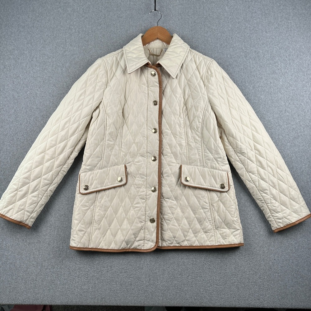 Chico's Quilted Jacket Women 1 Cream Faux Leather Trim Diamond Pattern Button Up